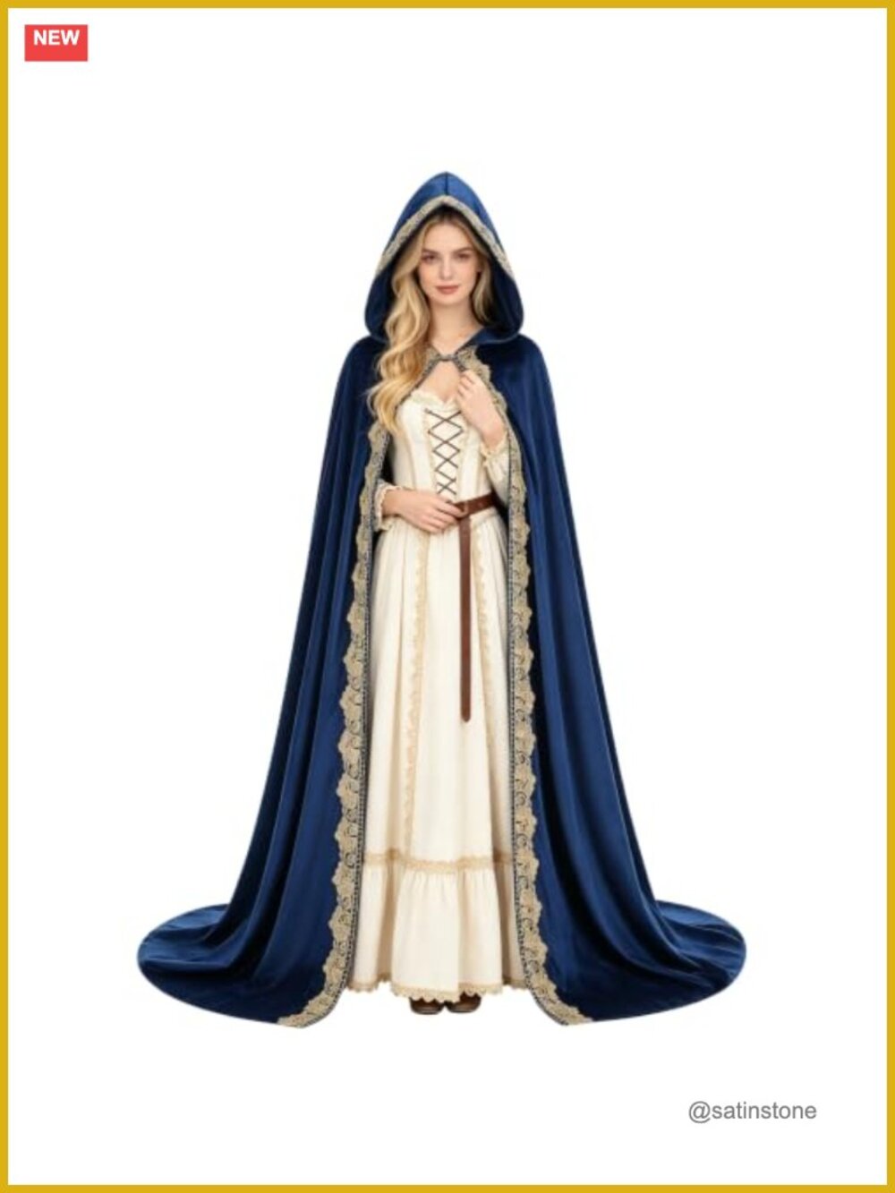 Medieval Velvet Hooded Cape with Lace Trim - Renaissance Halloween Costume